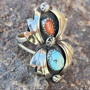Sterling Silver Vintage Coral & Turquoise  RING